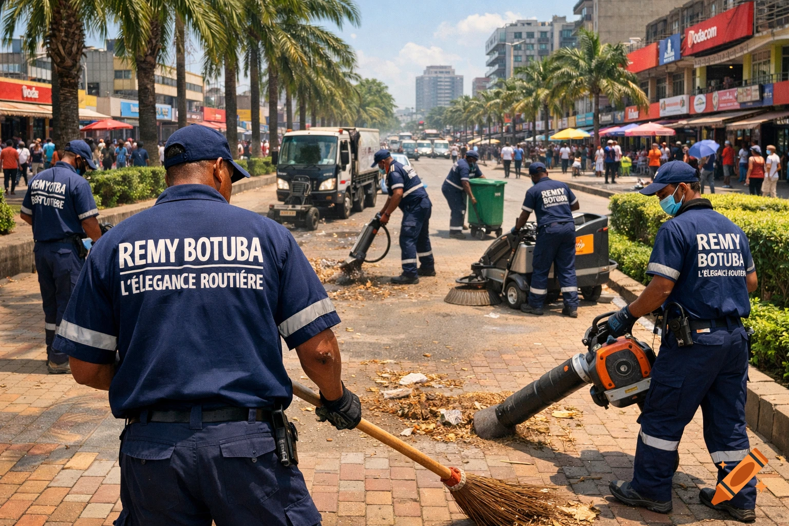 Sanitation workers in blue uniforms clean a city street with brooms, leaf blowers, and sweeping machines under palm trees, with buildings and traffic in the background.