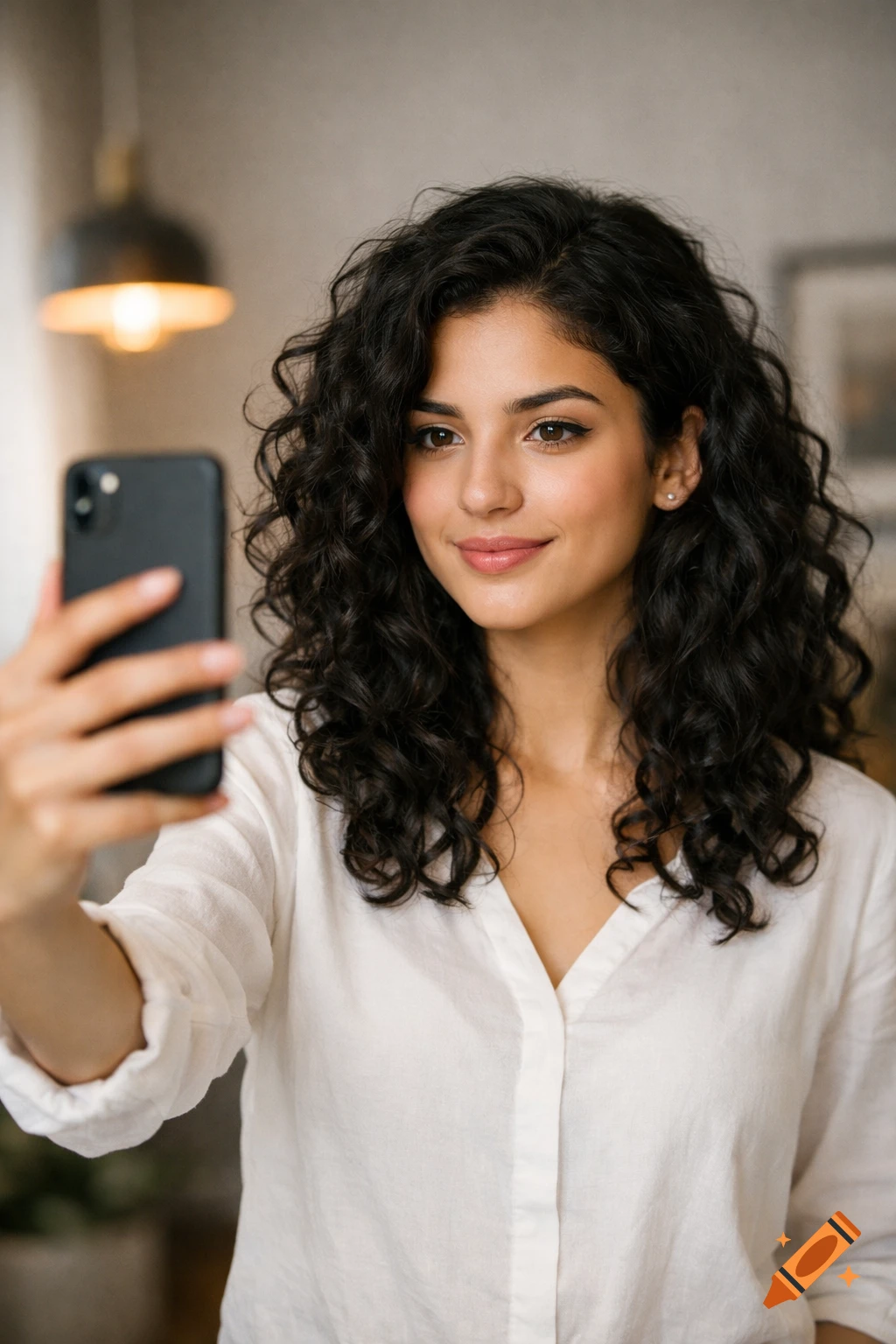 A young woman with dark, curly hair smiles while holding a black smartphone up to take a selfie indoors.
