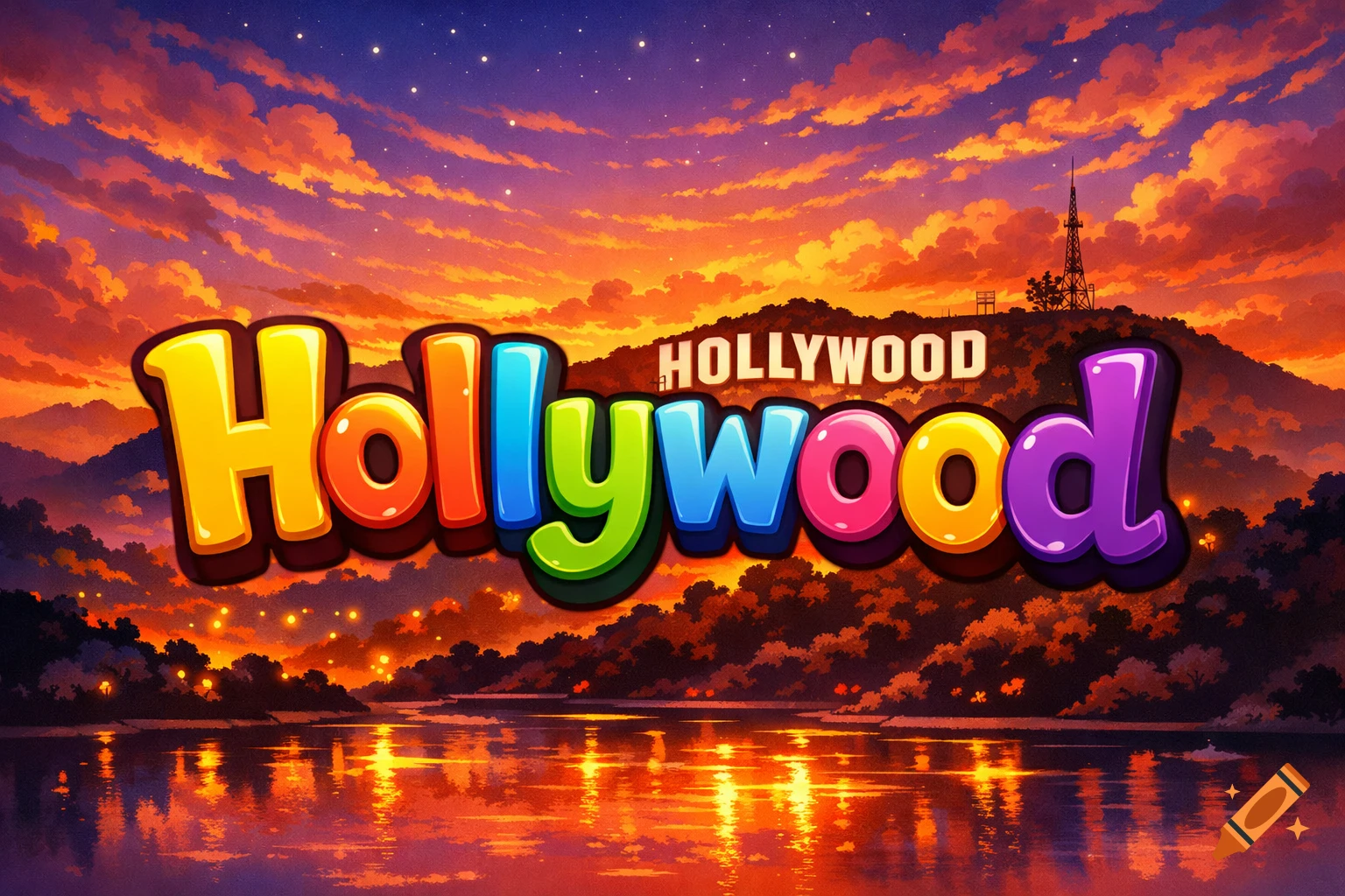 Vibrant, cartoon 'Hollywood' text in the foreground, with the Hollywood sign on a hill, reflecting a sunset over water.