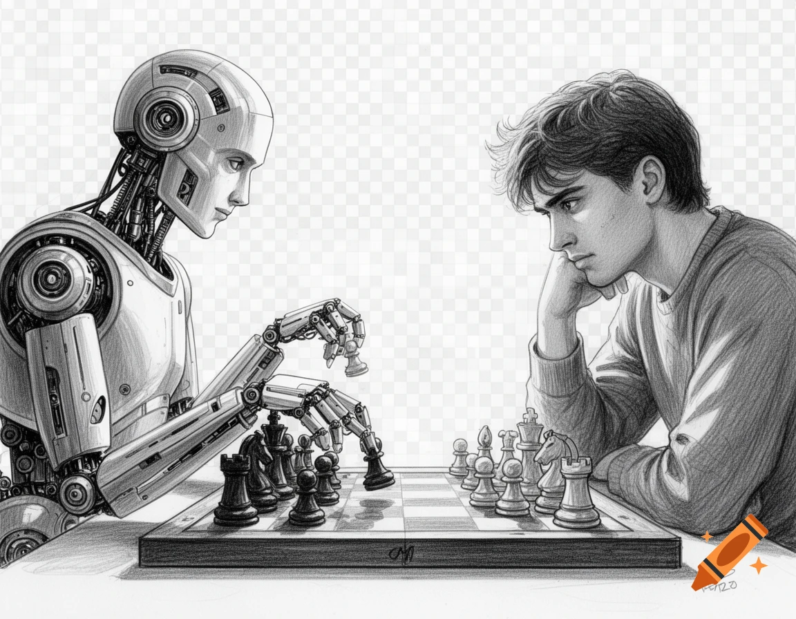 A robot and a human teen playing chess, rendered in a detailed pencil sketch style.