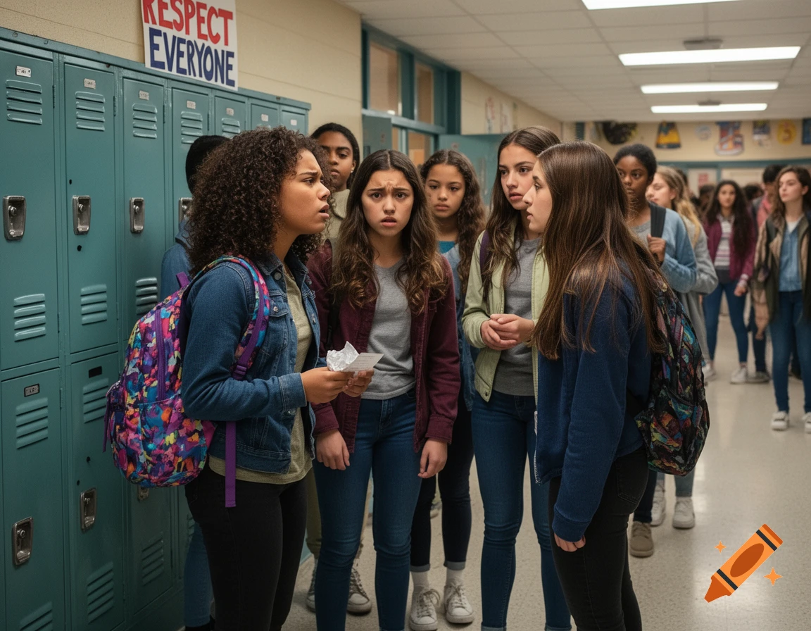 A group of diverse teenage girls in a school hallway, looking concerned and surprised. A sign above lockers reads "RESPECT EVERYONE".