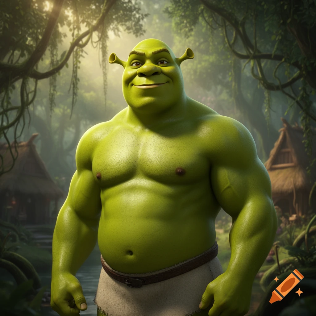 A muscular Shrek (Gigachad) with a smug smile stands shirtless in a sunlit, lush green swamp environment.
