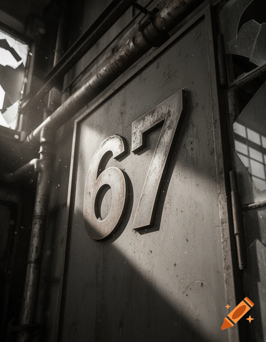 Large rusted numbers "67" on a dark, dirty industrial door with broken windows and pipes in a photorealistic, derelict setting.
