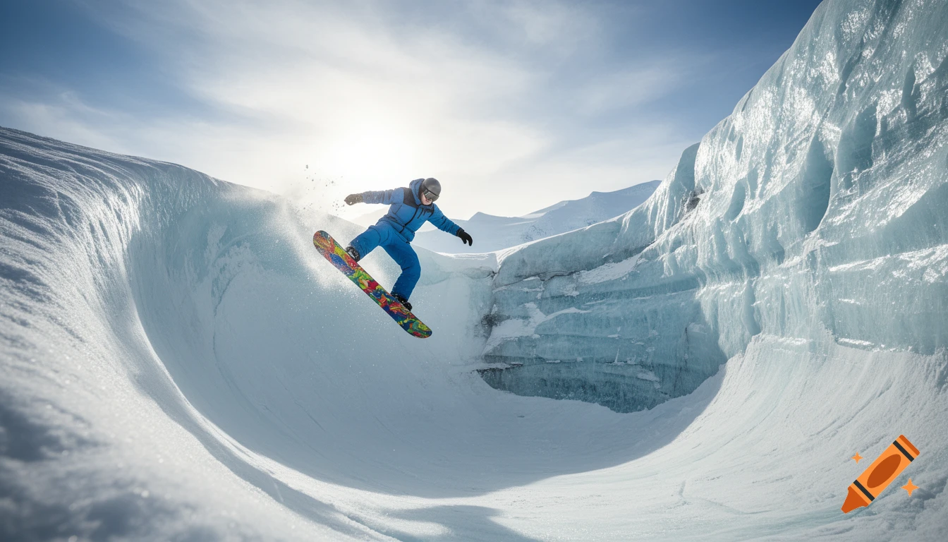 A snowboarder in a blue suit jumps from a snowy half-pipe by towering blue ice walls under a bright sky.