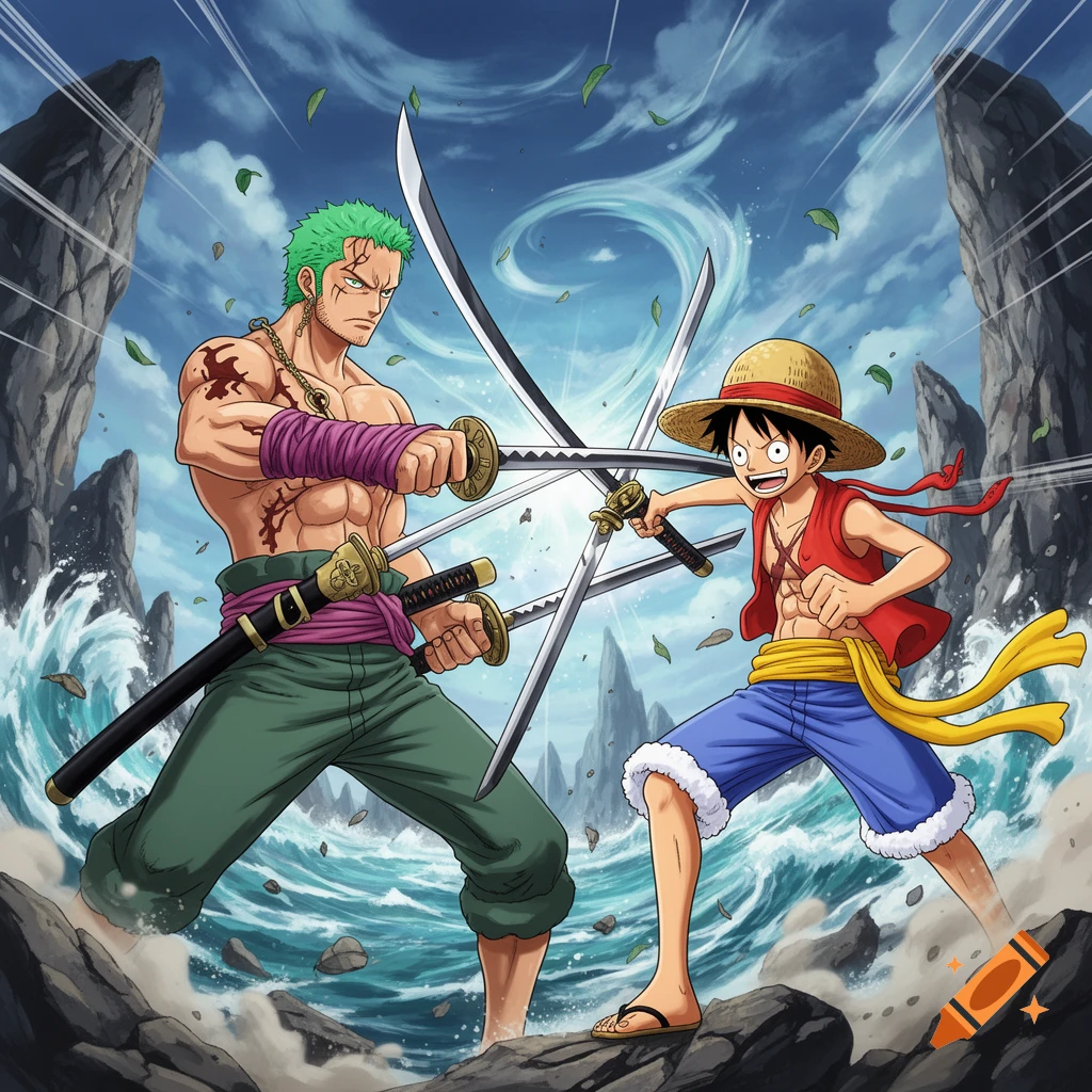 Anime style illustration of Zoro and Luffy from One Piece fighting amidst crashing waves on a rocky coastline.