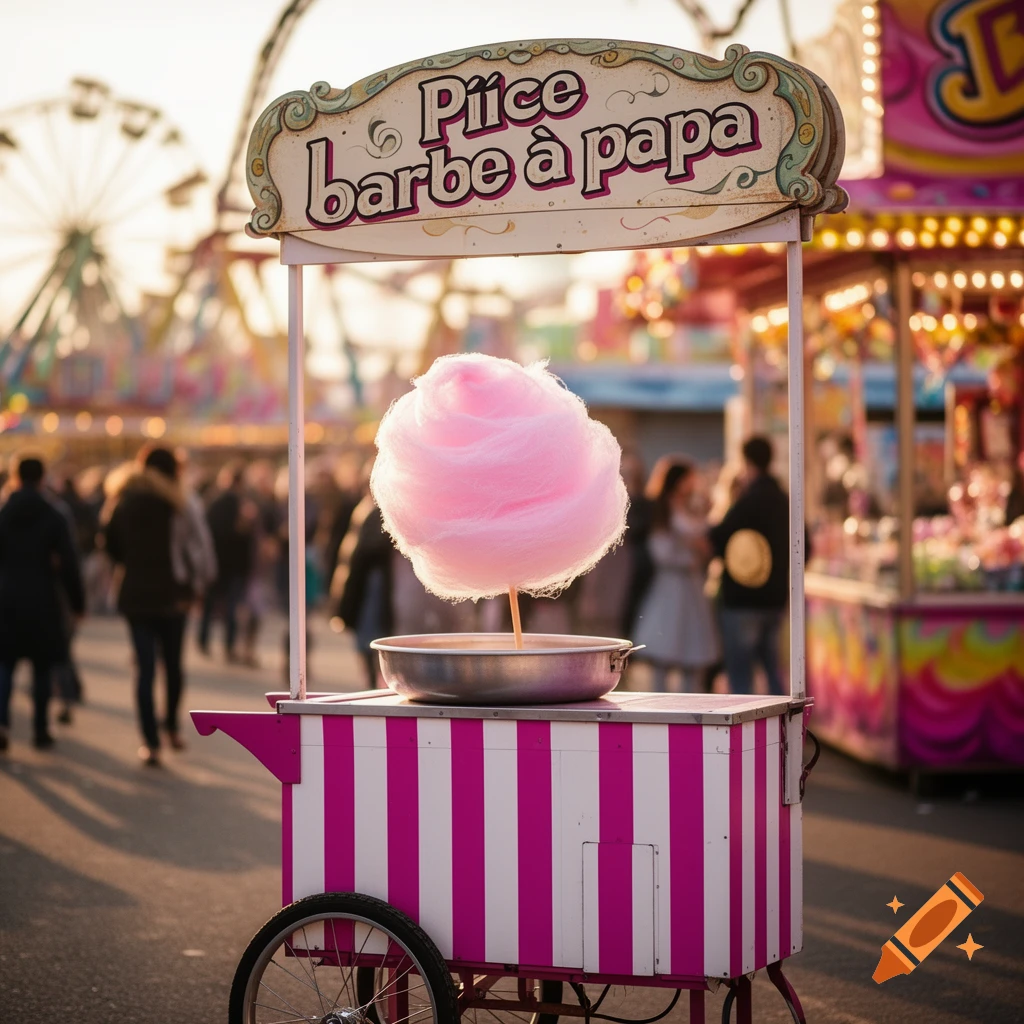A pink cotton candy on a stick sits on a vibrant pink and white striped stand at a sunny carnival, with blurred fair attractions and people in the background.