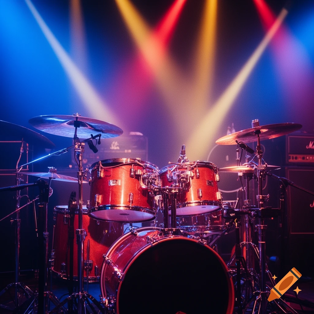 Photorealistic red drum kit on a stage illuminated by vibrant blue, red, and yellow spotlights.