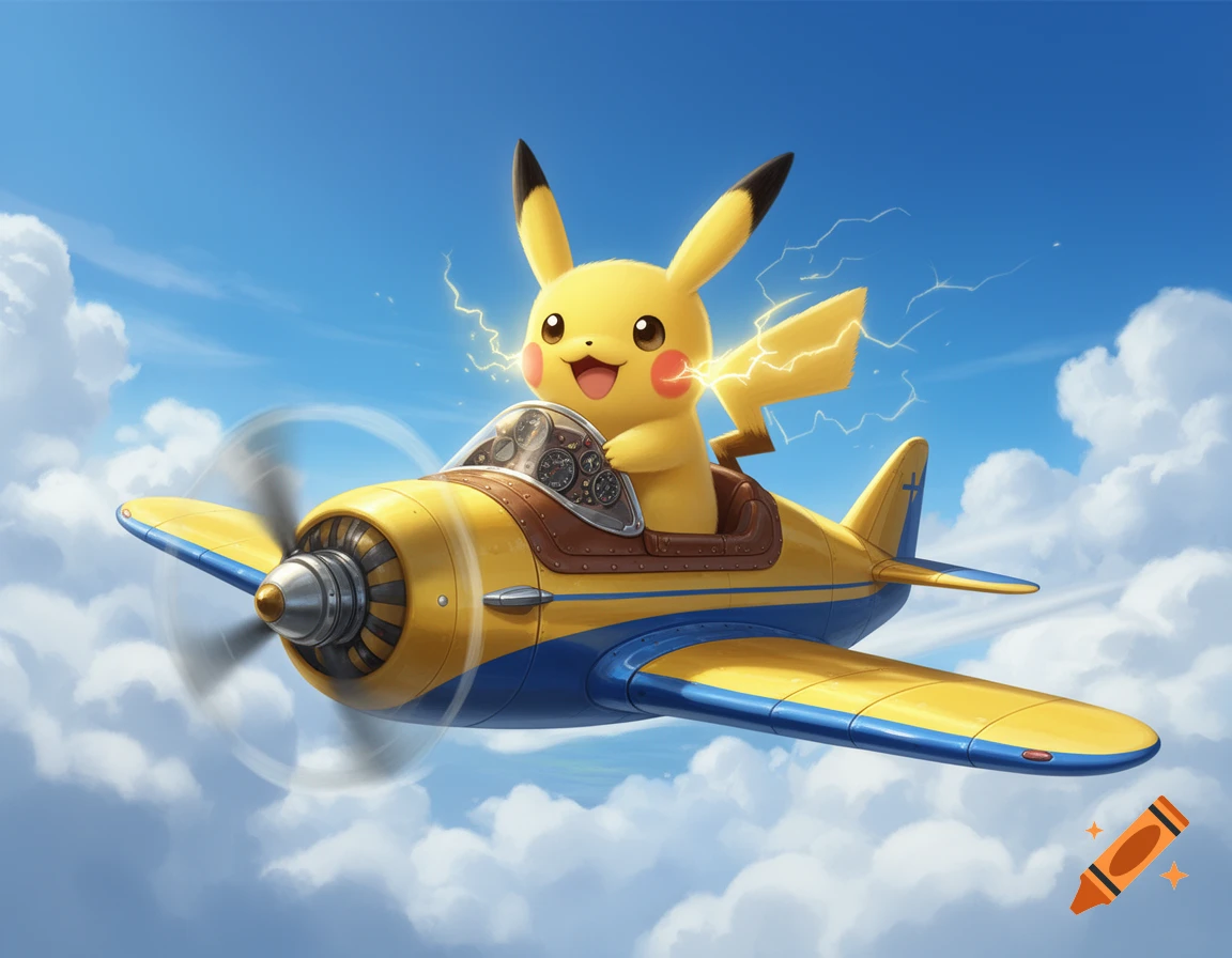 Pikachu, the yellow electric mouse Pok 00e9mon, happily flies a yellow and blue biplane through a sunny, cloudy sky.