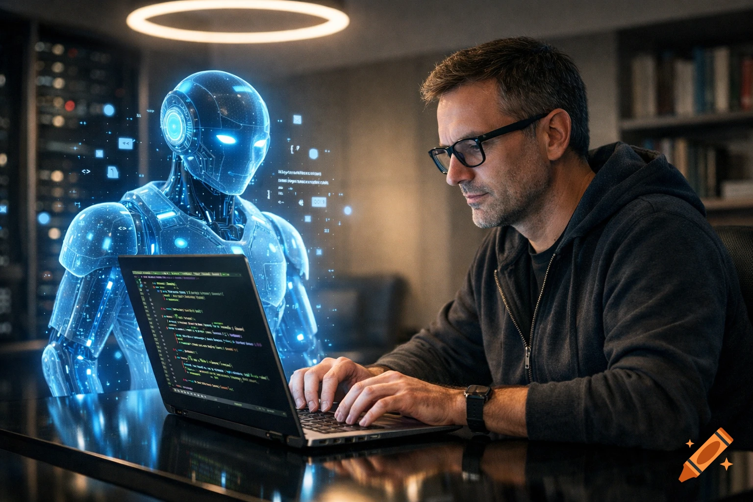 Man in glasses coding on a laptop with a glowing blue holographic robot AI assistant in a futuristic office.