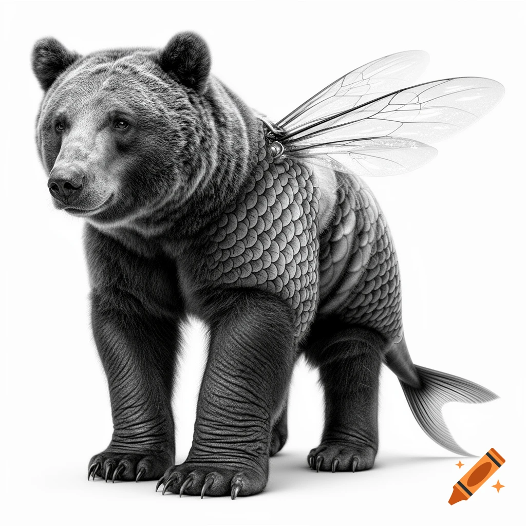 Photorealistic, black and white hybrid creature with a bear's head, elephant feet, scaly body, bee wings, and a fish tail.