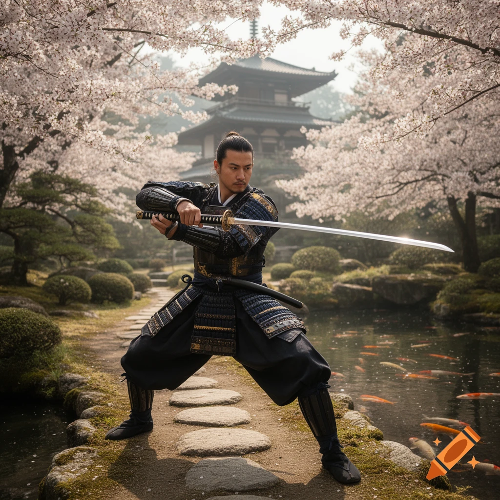 A photorealistic samurai in armor holds a katana in a Japanese garden with cherry blossoms, a pond, and a temple.
