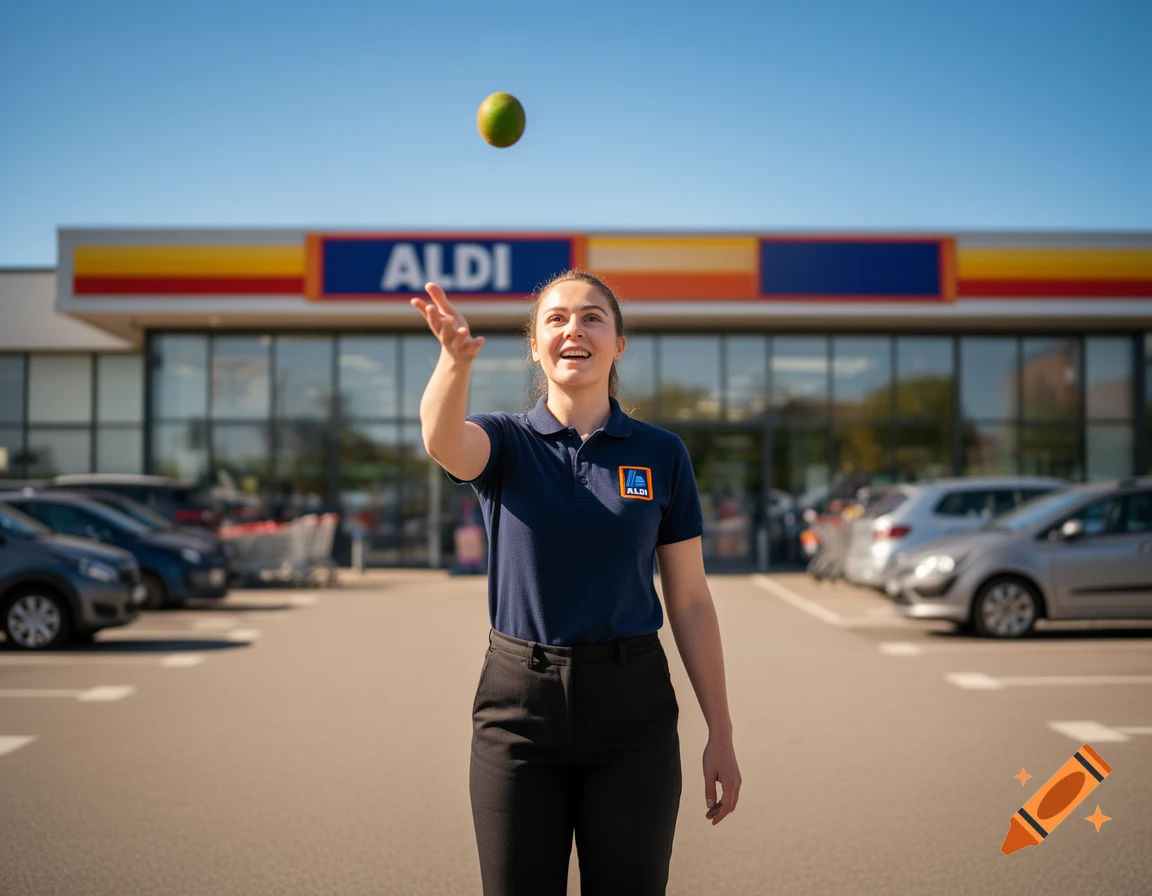 A smiling woman in an Aldi uniform throws a kiwi in a supermarket parking lot on a sunny day.