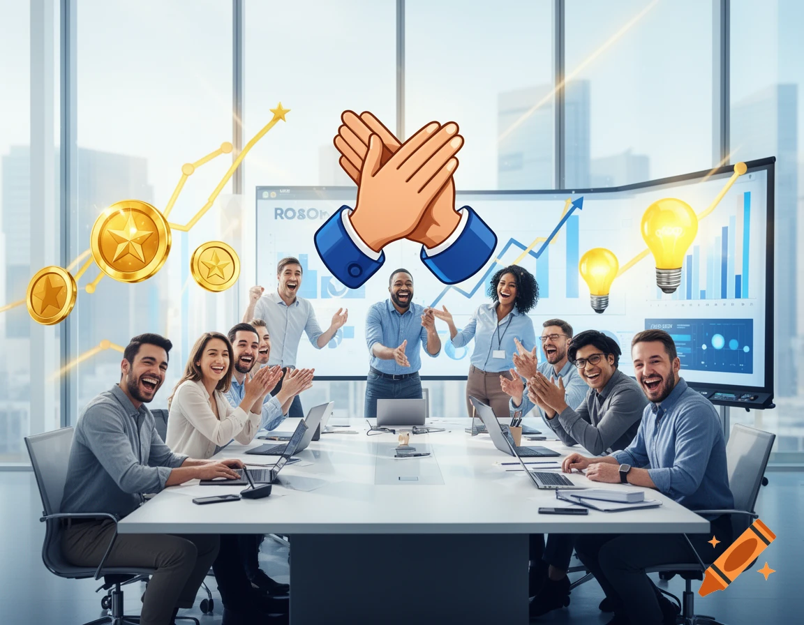 A diverse group of professionals claps enthusiastically around a conference table in a modern office, with cartoon elements.