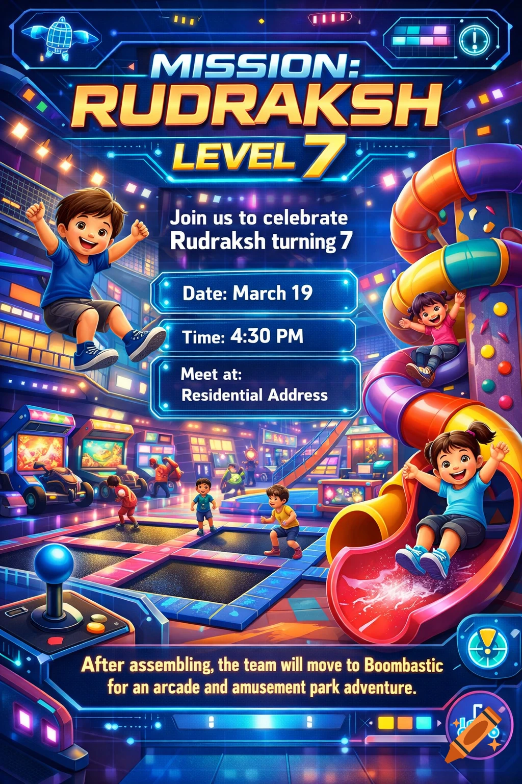 A vibrant futuristic birthday invitation poster for Rudraksh turning 7 at an indoor adventure park with kids playing on slides and trampolines.