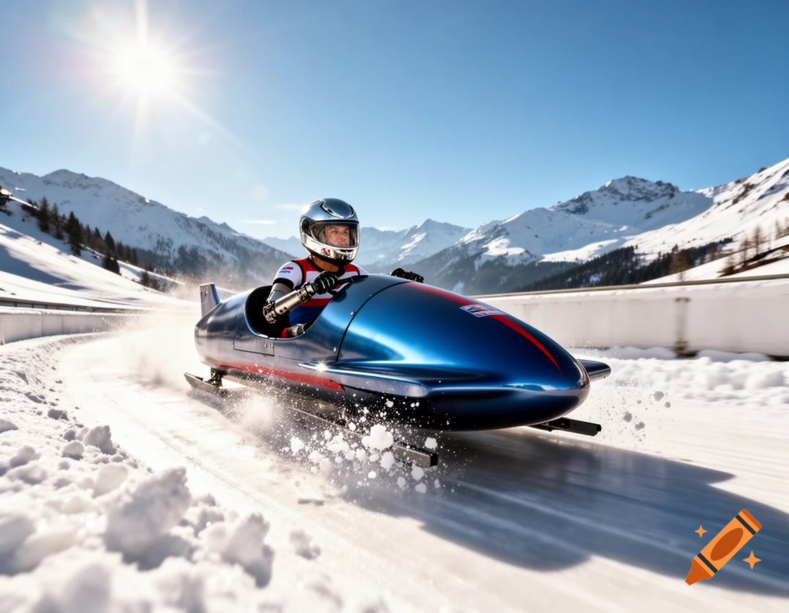 A bobsledder in a blue bobsled speeds down a snowy track on a sunny winter day, with snow-capped mountains in the background.