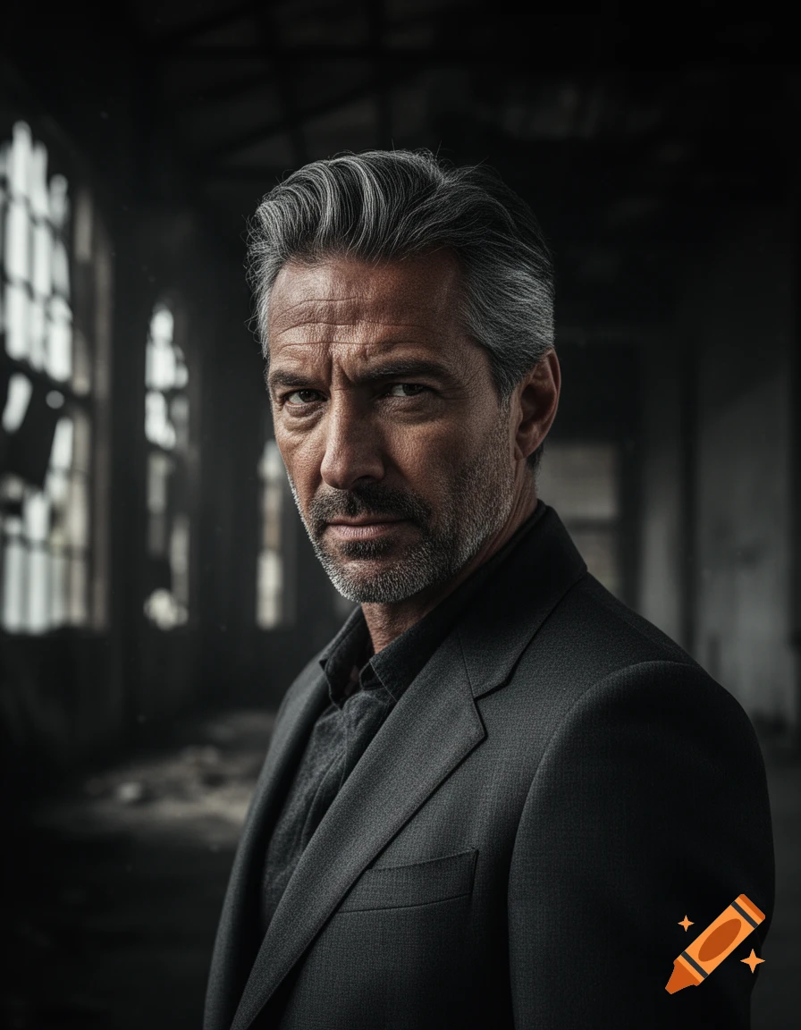 A serious middle-aged man with graying hair and beard, wearing a dark suit, looks intently at the viewer in a dim, industrial setting.