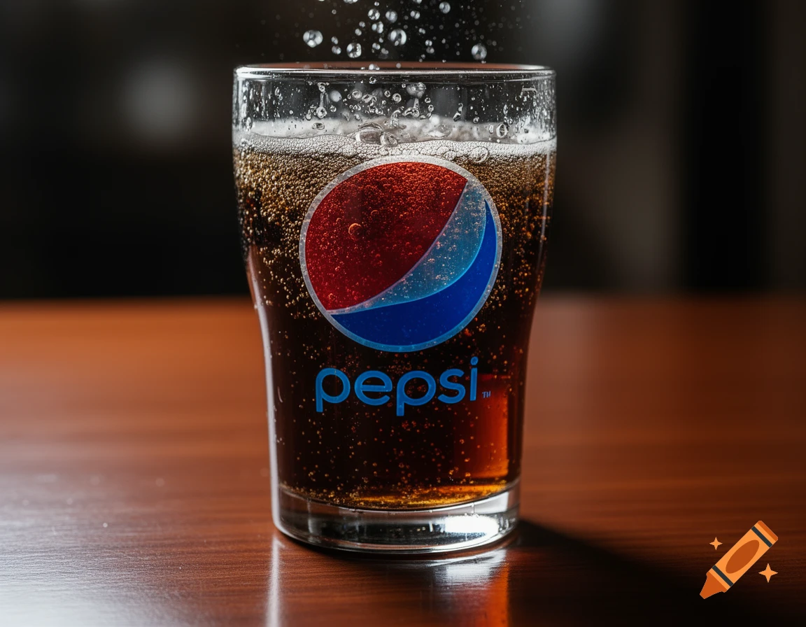 A close-up shot of a glass filled with carbonated Pepsi soda, showing the logo and many bubbles, on a wooden surface.