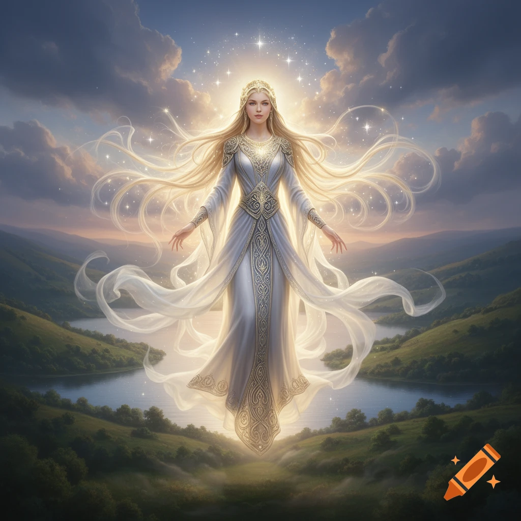 An ethereal goddess with long blonde hair and a white flowing gown radiates light as she floats above a serene landscape with lakes and hills under a cloudy sky.