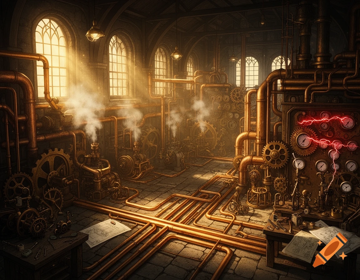A detailed steampunk factory interior with numerous copper pipes, gears, and machinery emitting steam. Sunlight streams through arched windows.