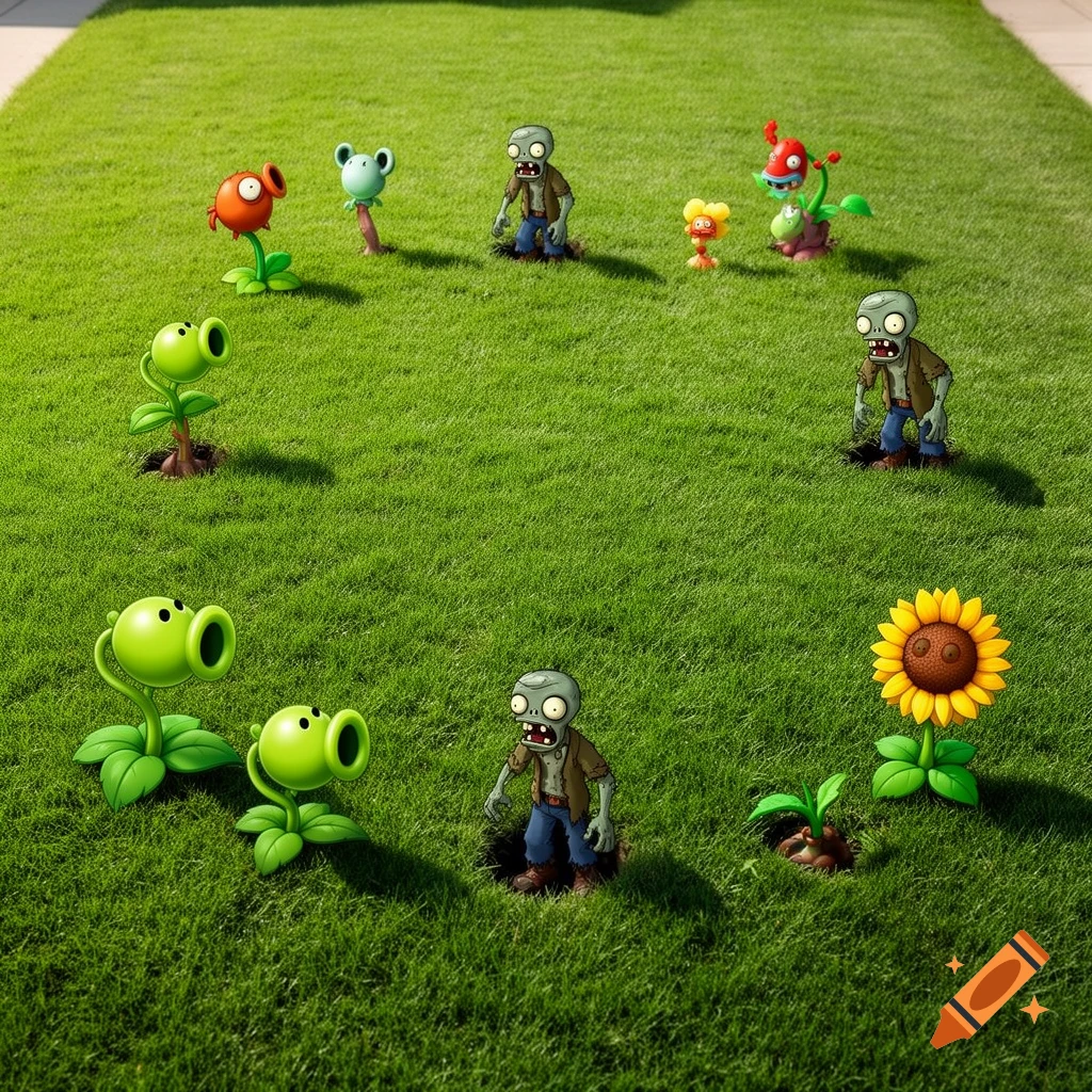 Various Plants vs. Zombies characters, including peashooters, zombies, and a sunflower, arranged on a vibrant green lawn from above.