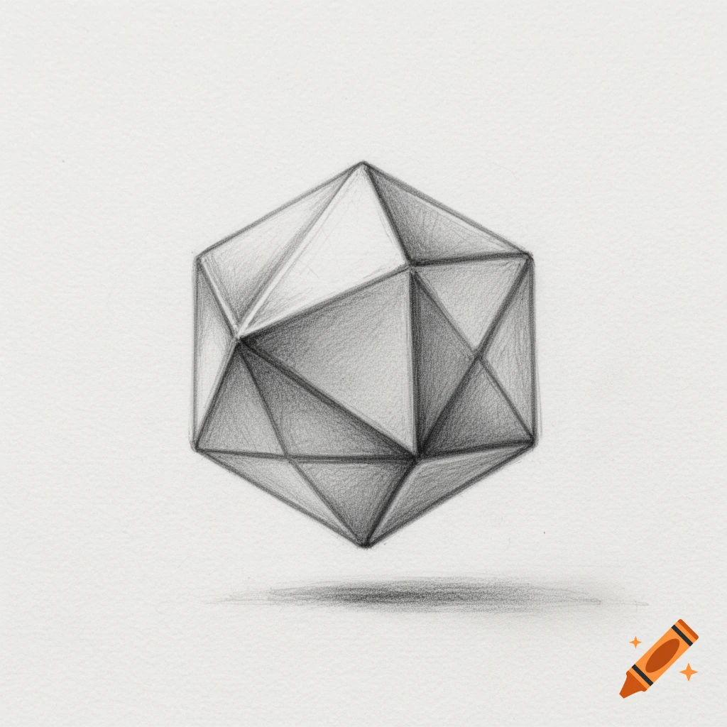 Pencil drawing of a geometric d20 die floating with a shadow on textured paper.