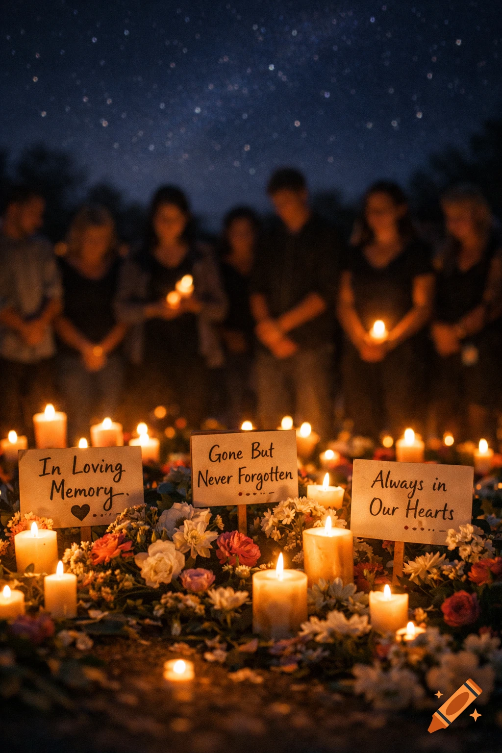 A respectful candlelight vigil at night with memorial signs reading "In Loving Memory", "Gone But Never Forgotten", "Always in Our Hearts", surrounded by flowers and blurred figures holding candles under a starry sky.