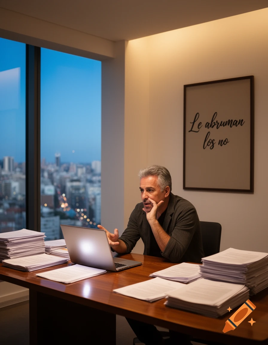 A man works at a desk with a laptop and papers in an office overlooking a city at dusk.