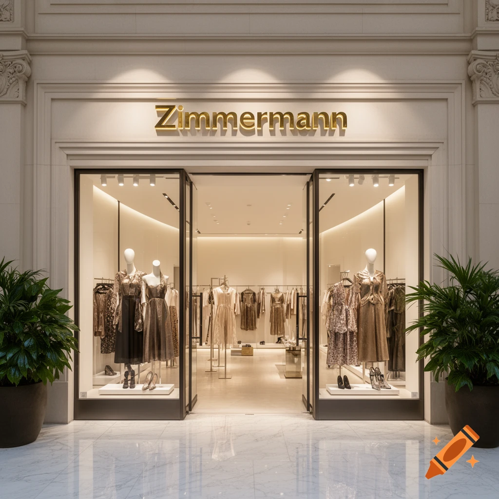 A luxurious Zimmermann clothing store entrance with mannequins displaying dresses and potted plants.