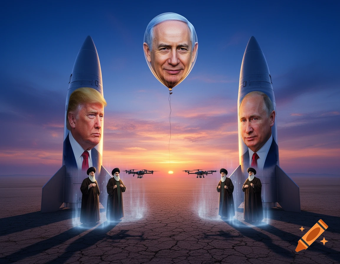 Two rockets with Donald Trump and Vladimir Putin's faces stand in a desert at sunset, with a Benjamin Netanyahu face balloon floating above. Four figures resembling Ayatollahs with glowing bases and two drones are also present.