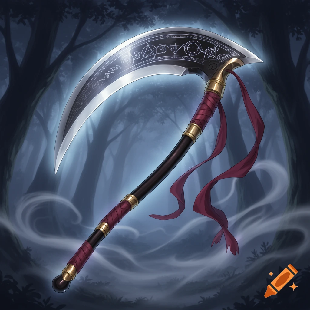 A glowing silver scythe with etched runes and red ribbons on a dark handle, set against a mysterious dark forest background in an anime style.