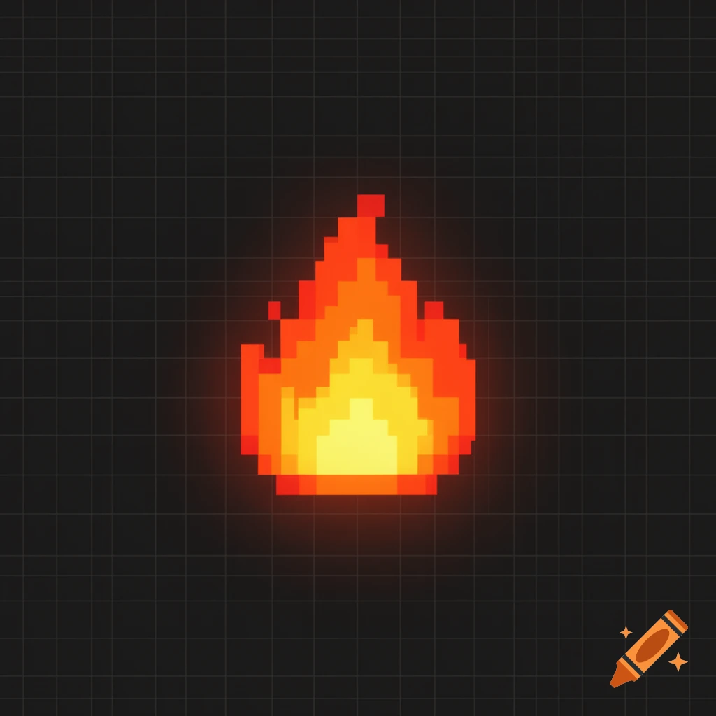A pixel art flame, glowing orange and yellow, against a dark grid background.