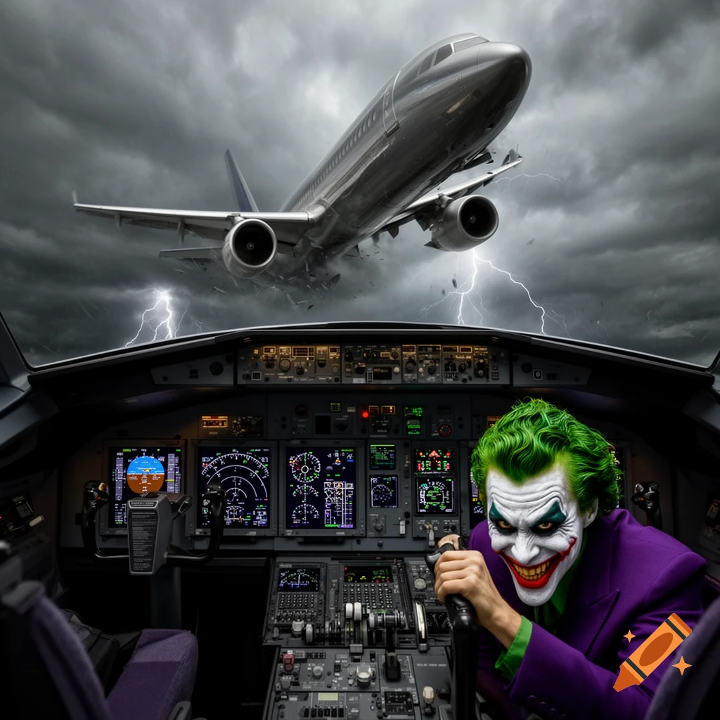 The Joker in an airplane cockpit, steering while a plane crashes outside during a lightning storm. Photorealistic style.