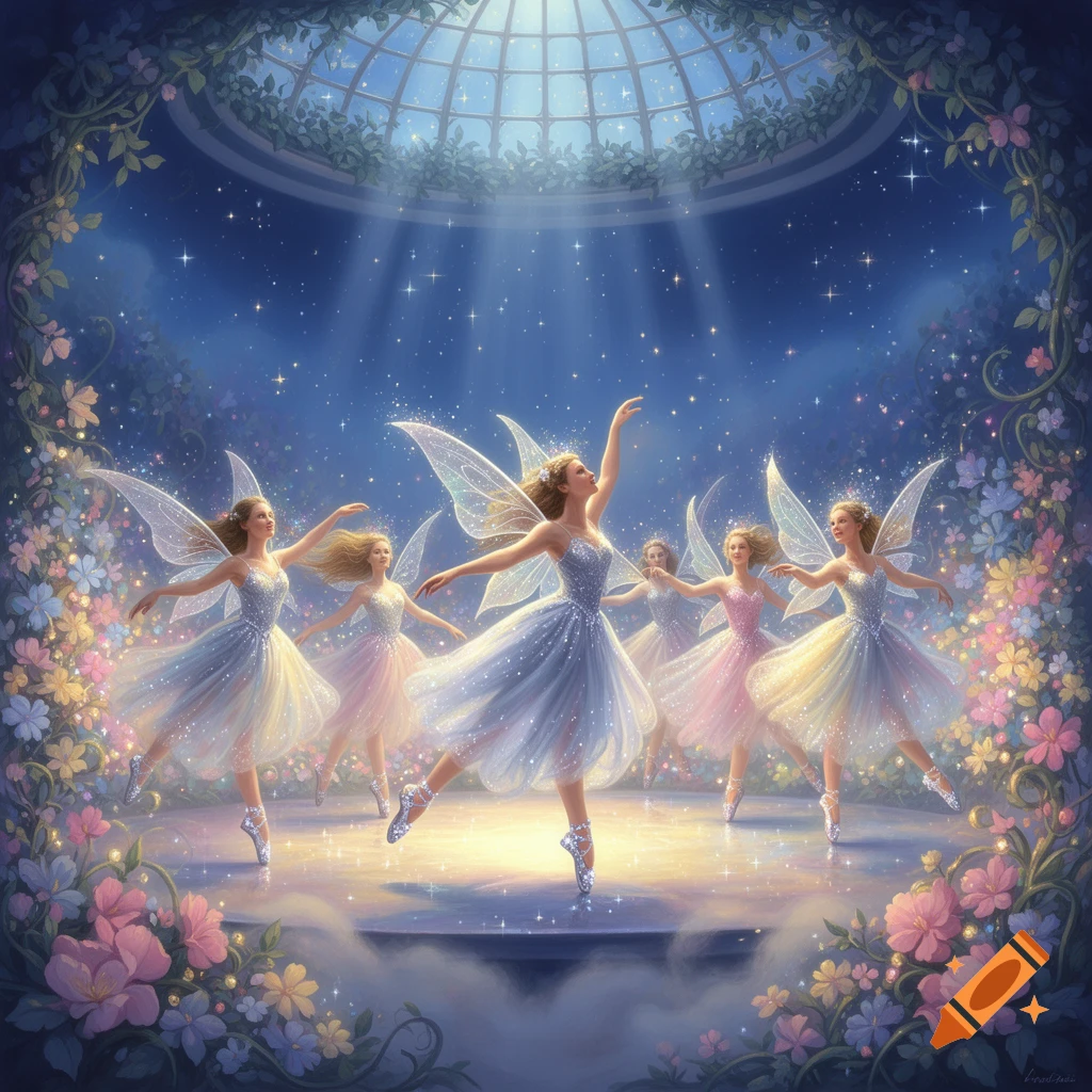Sparkling fairy princesses with clear wings dance ballet on a magical stage under a domed skylight, surrounded by glowing flowers.