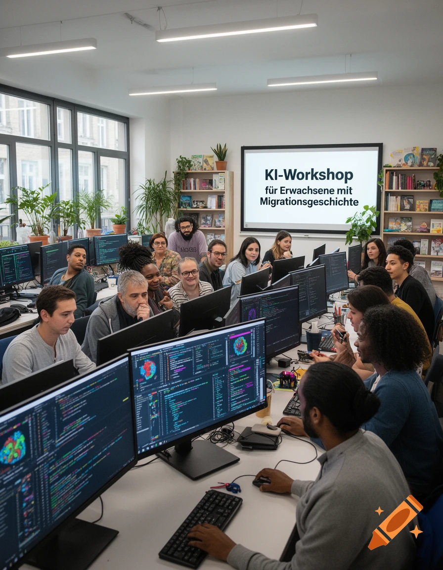 Diverse adults work on computers in a bright workshop, a screen displays 'KI-Workshop f r Erwachsene mit Migrationsgeschichte'.