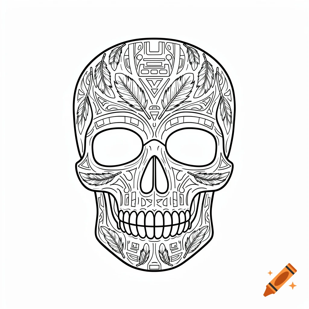 Line drawing of a skull adorned with intricate patterns in a hieroglyphic and Native American style, on a white background.