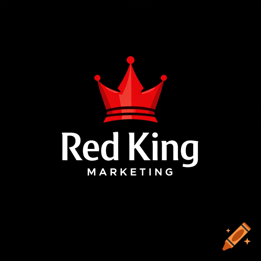 A minimalist logo featuring a stylized red crown above the white text "Red King Marketing" on a black background.