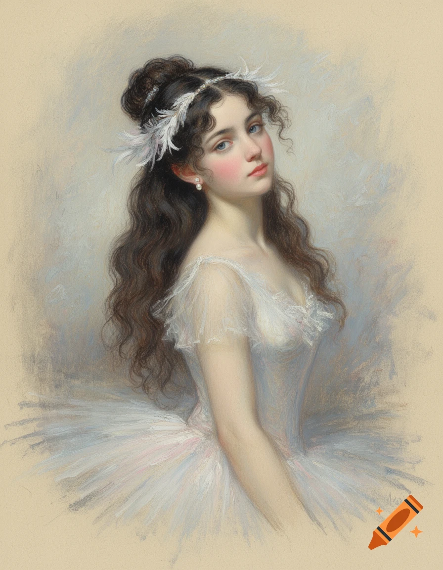 Impressionist painting of a young woman with dark wavy hair in a white ballet tutu and feathered hairband, looking softly.