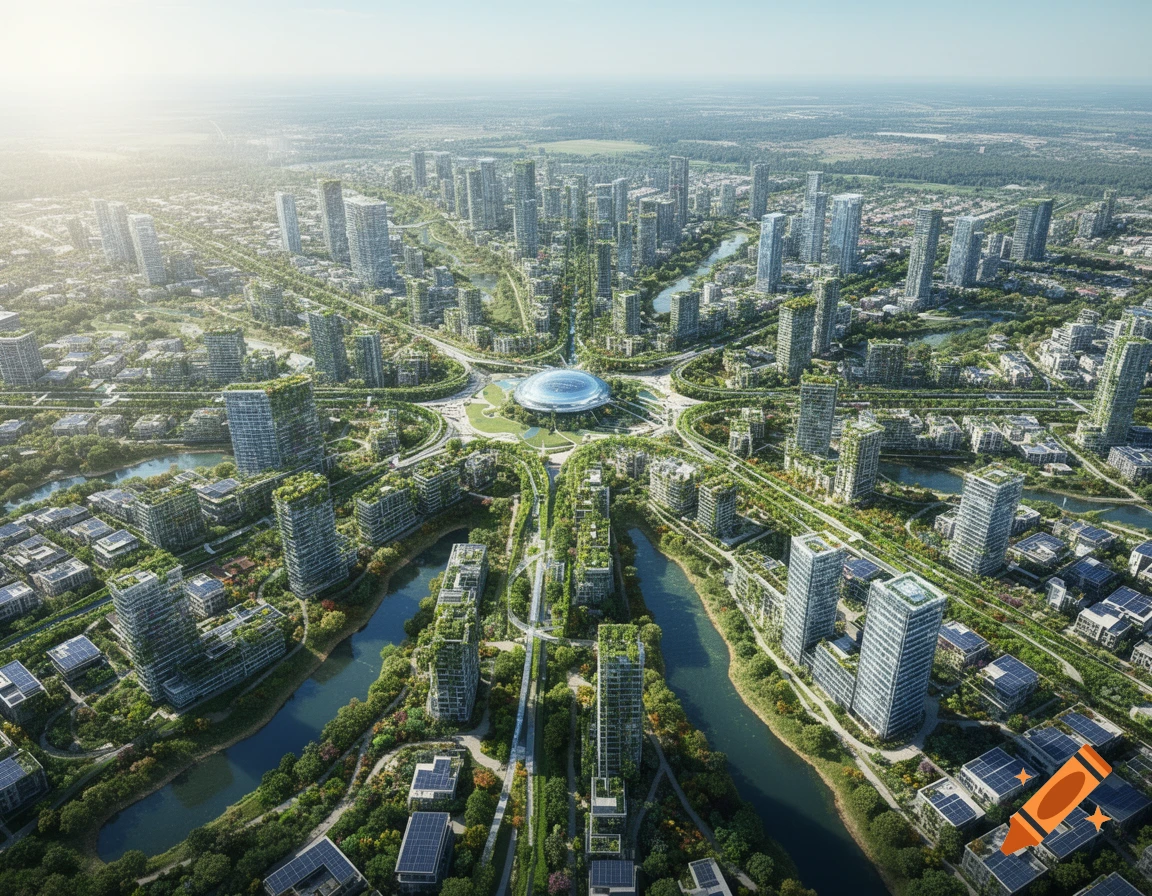 Aerial view of a vibrant, futuristic green city featuring tall ...