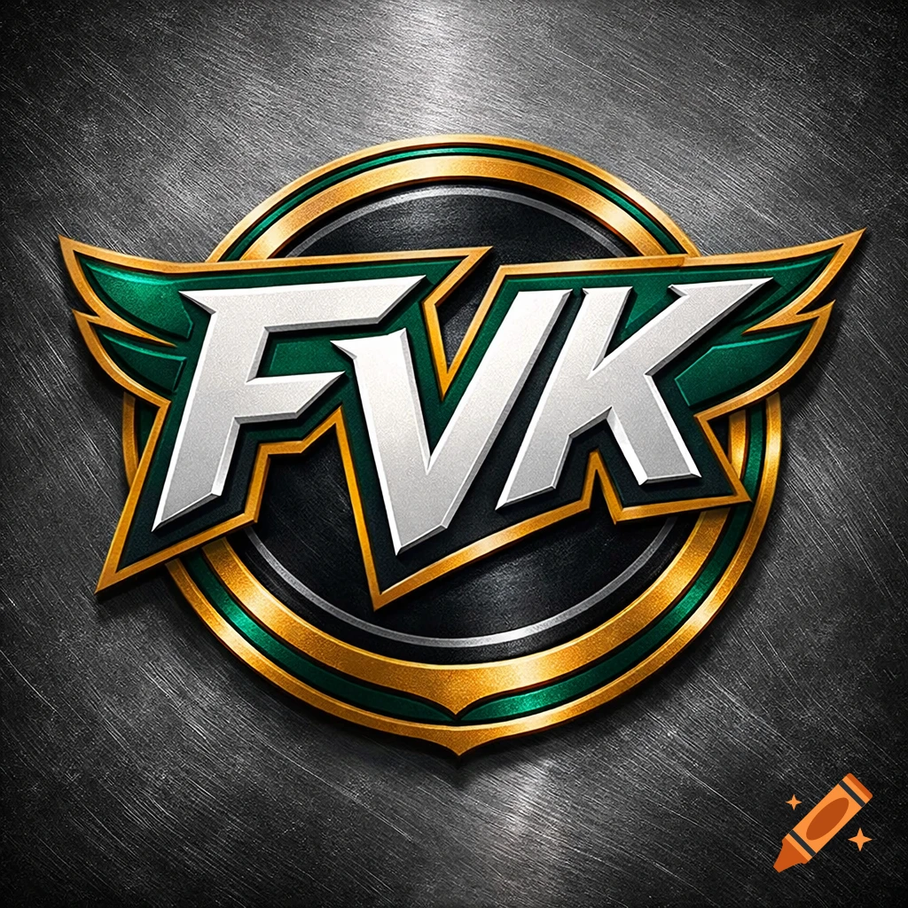 A stylized metallic logo with silver letters 'FVK' centered within a gold and green winged emblem on a dark brushed metal background.