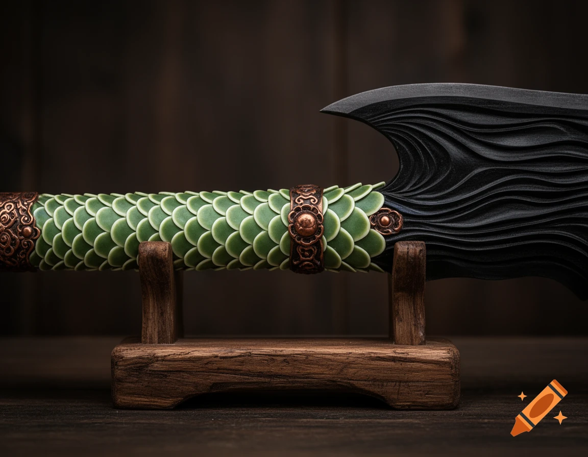 A close-up of a fantasy weapon on a wooden stand, featuring a green scale-patterned hilt with copper accents and a black wavy blade.