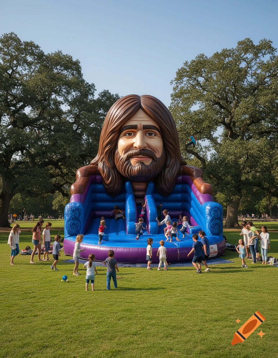 Children play on a large bouncy castle shaped like a man's head with long hair and a beard in a sunny park.