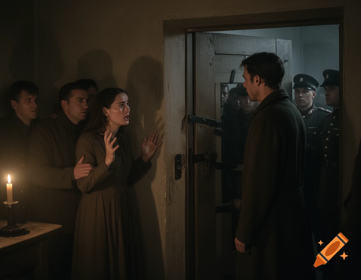 Distraught woman, held by men, confronts a man and uniformed officers in a dimly lit room with candlelight, photorealistic.