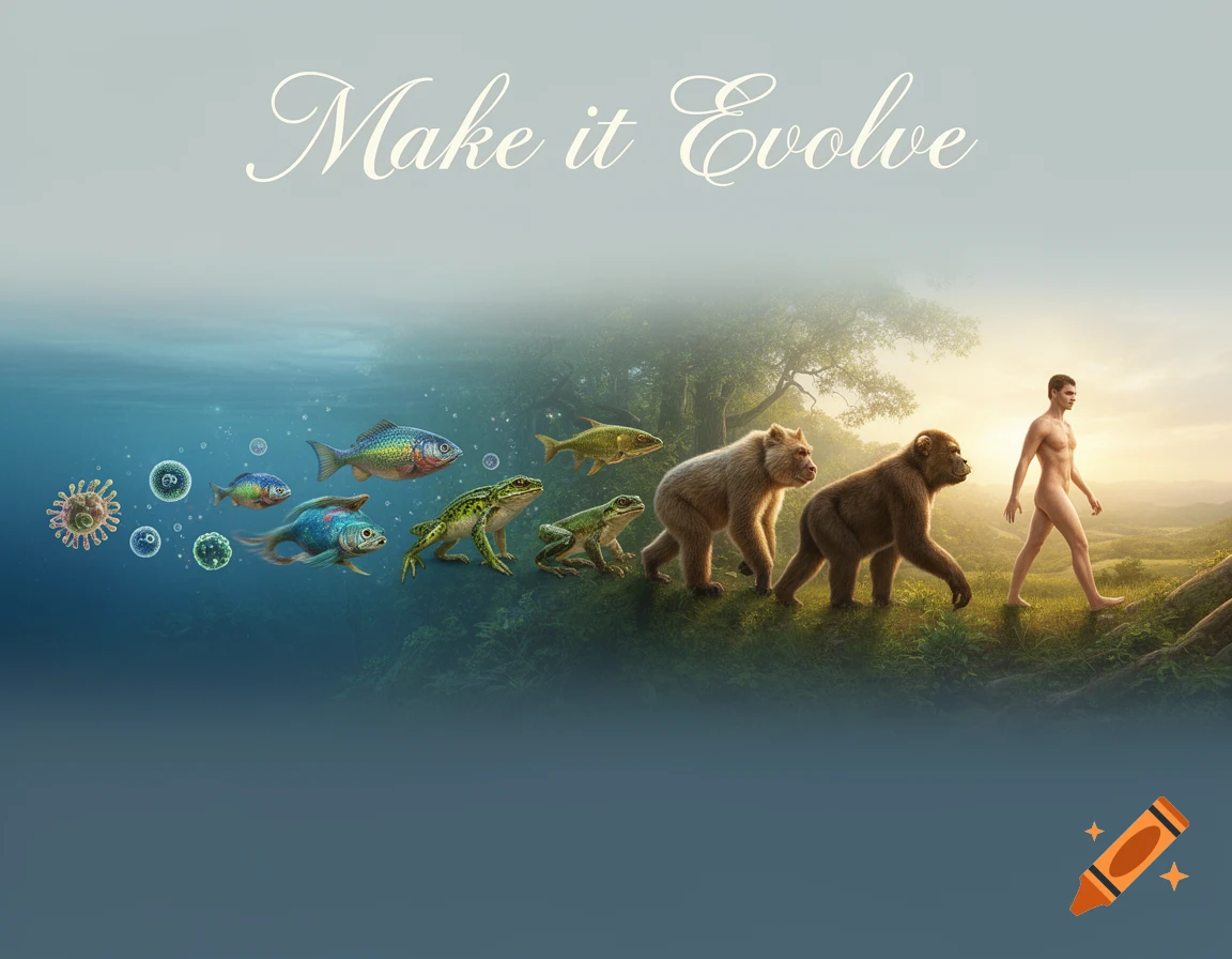 A sequence illustrating evolution from microorganisms in water to fish, amphibians, primates, and a human walking on land, with text 'Make it Evolve'.