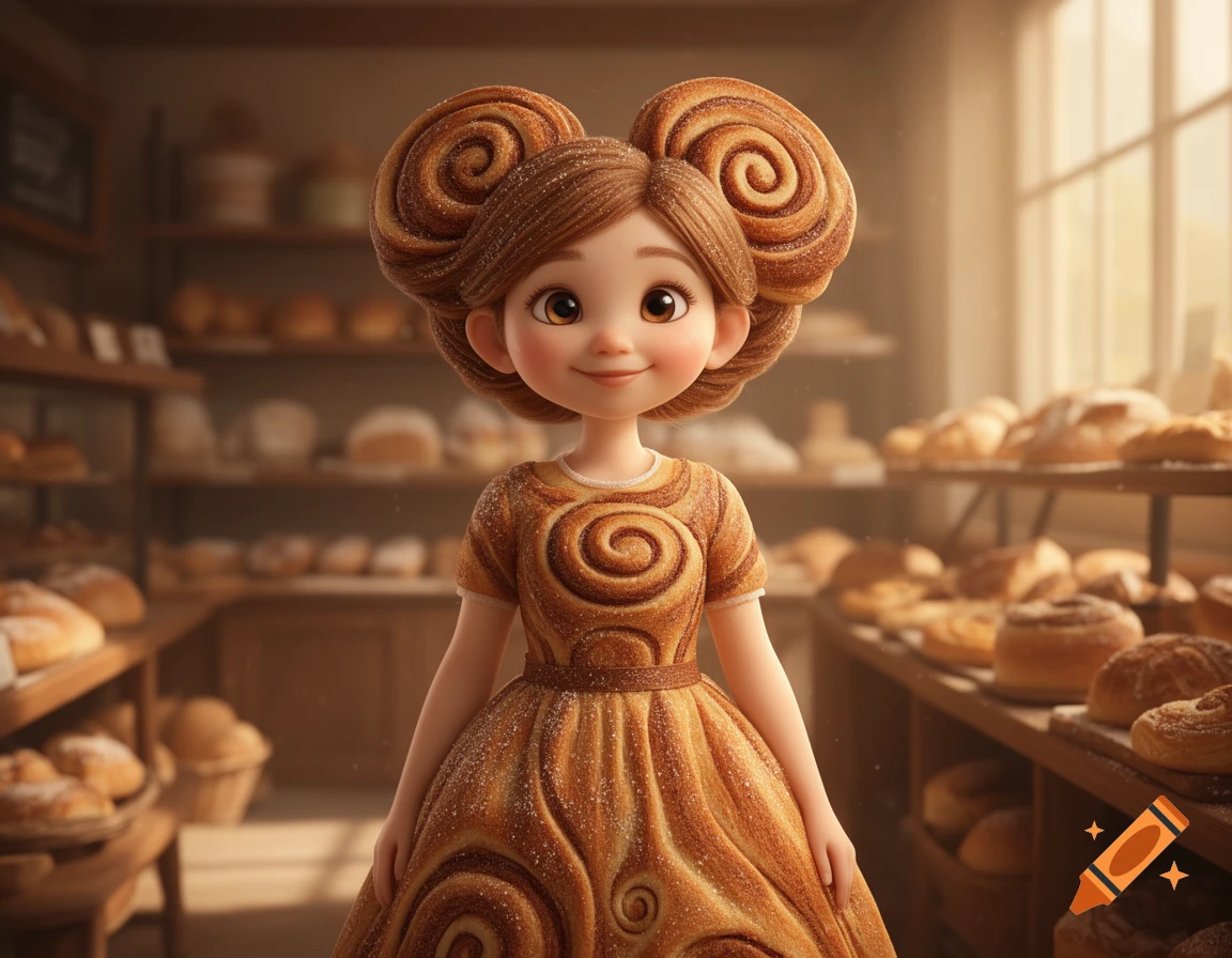 A cute stylized cartoon girl with cinnamon roll hair and a dress made of cinnamon rolls stands smiling in a sunlit bakery.