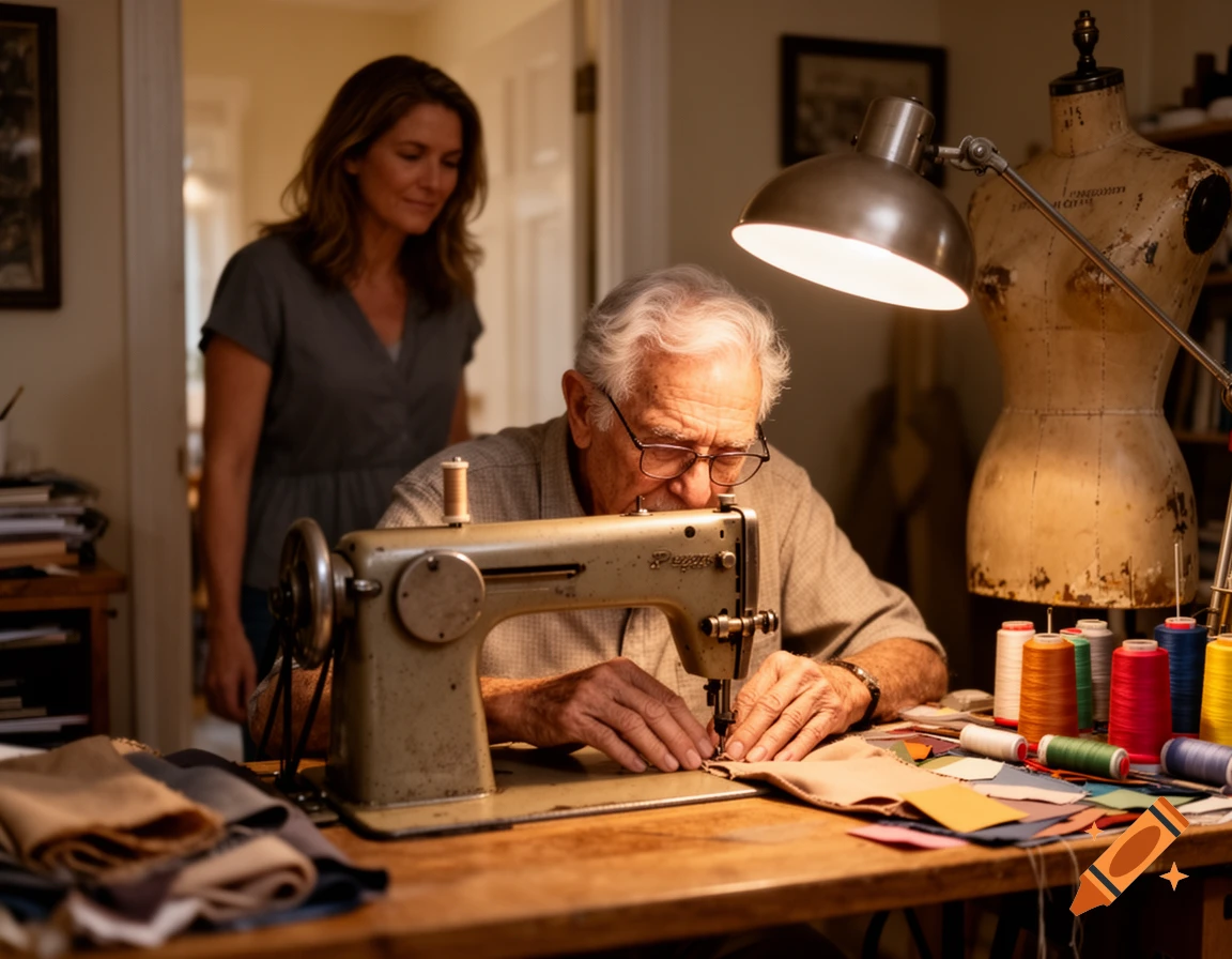 An elderly man with glasses sews on a vintage machine under a desk lamp, while a woman watches from behind in a warm room.