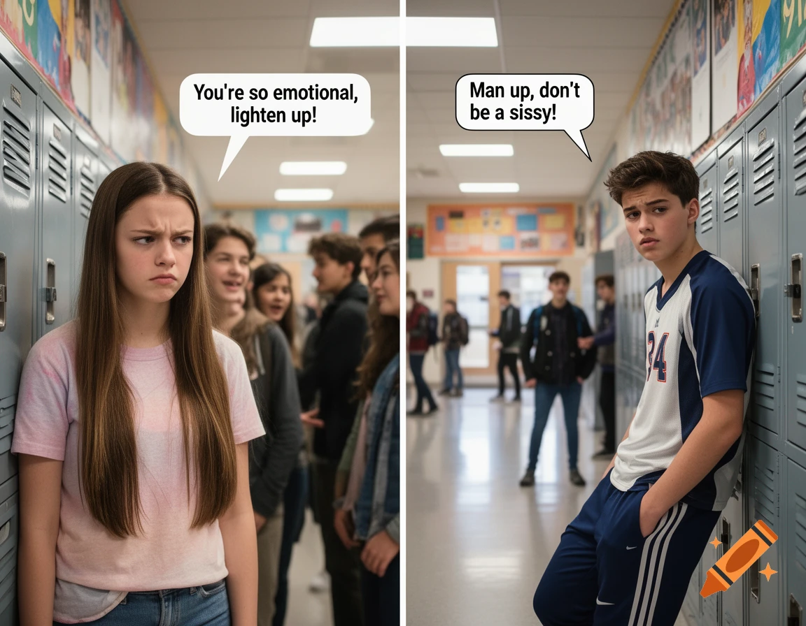 Photorealistic image of a girl and boy in a school hallway, each with speech bubbles depicting microaggressions.