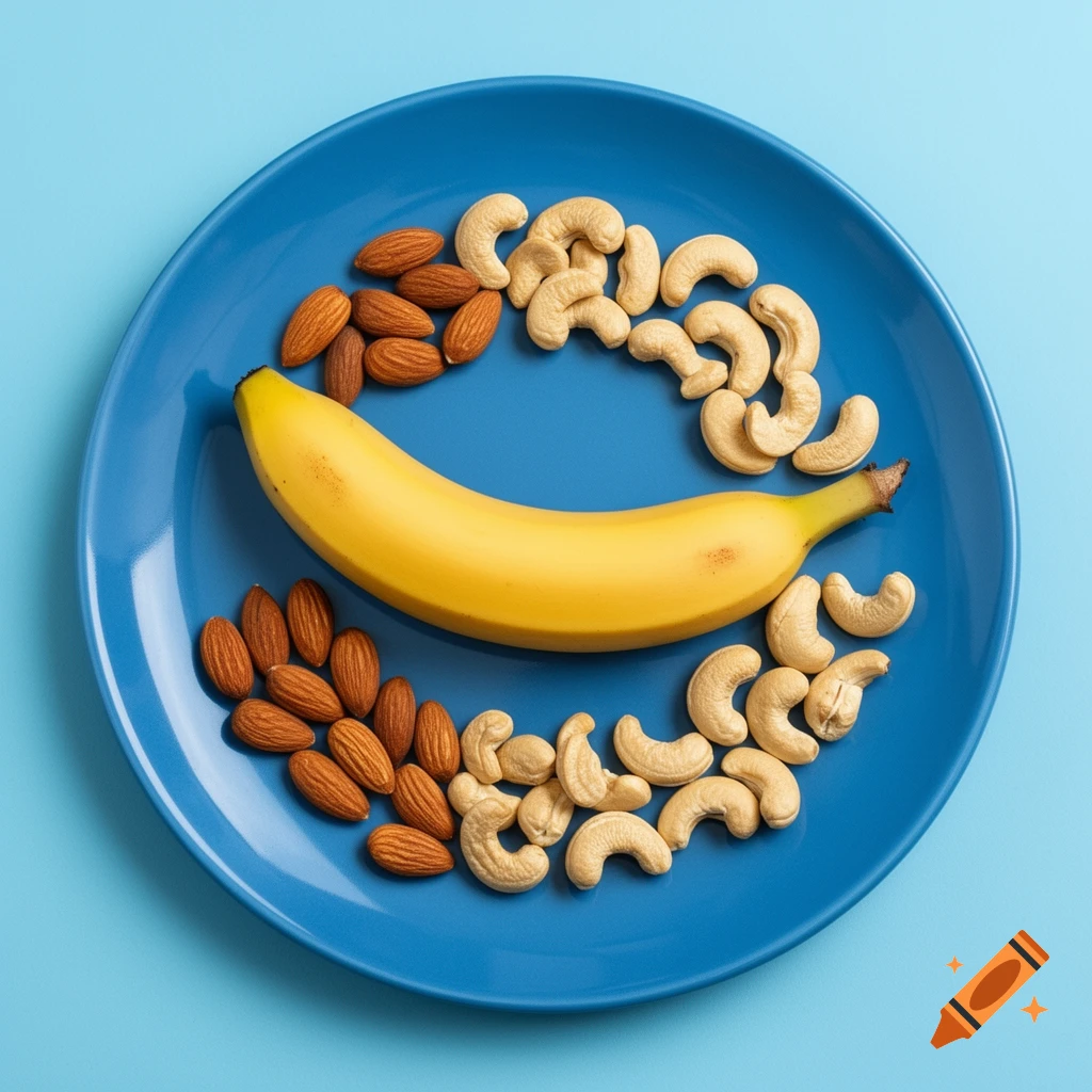A yellow banana, brown almonds, and white cashews arranged on a blue plate against a light blue background, viewed from above.