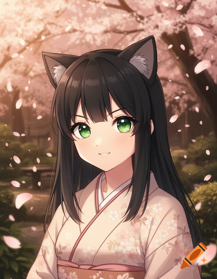 An anime catgirl with black hair and green eyes, wearing a kimono, smiles in a cherry blossom garden.