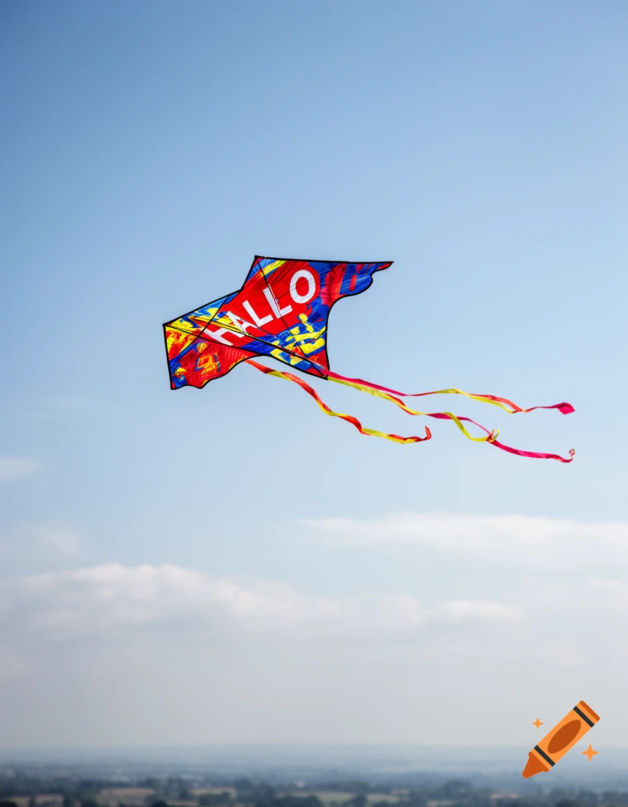 A colorful red, yellow, and blue kite with the word "HALLO" flies high in a clear blue sky above a blurred landscape.