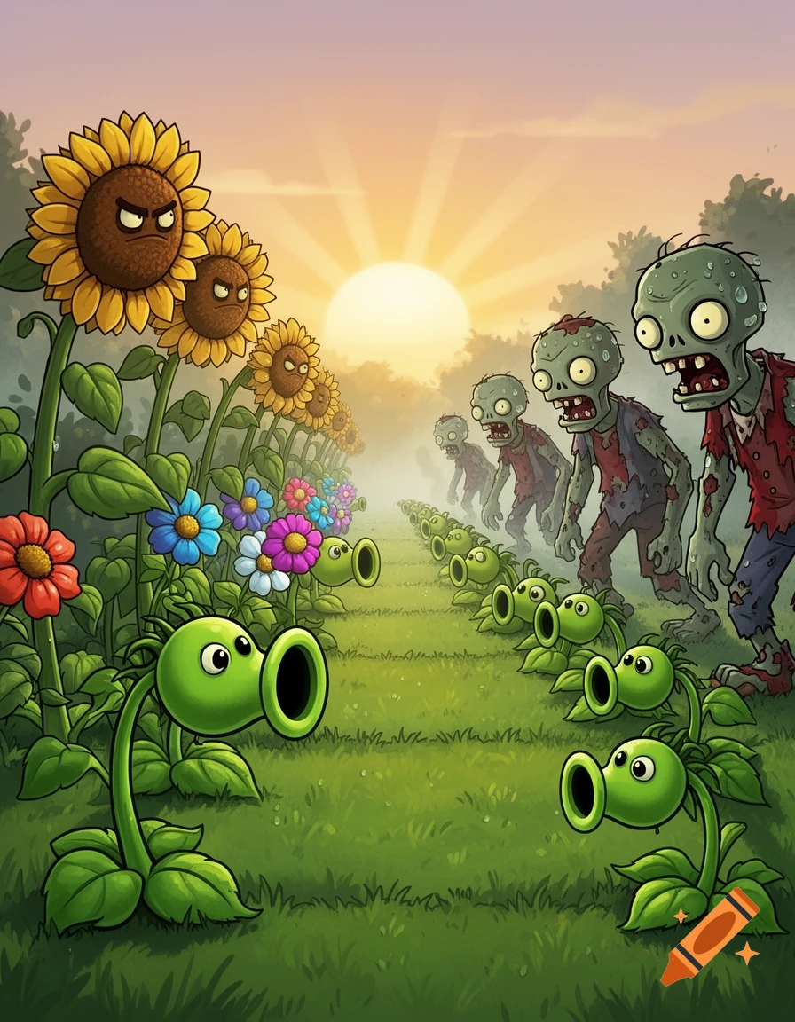 Cartoon Plants vs Zombies. Peashooters and angry sunflowers face an approaching zombie horde in a grassy field at sunrise.